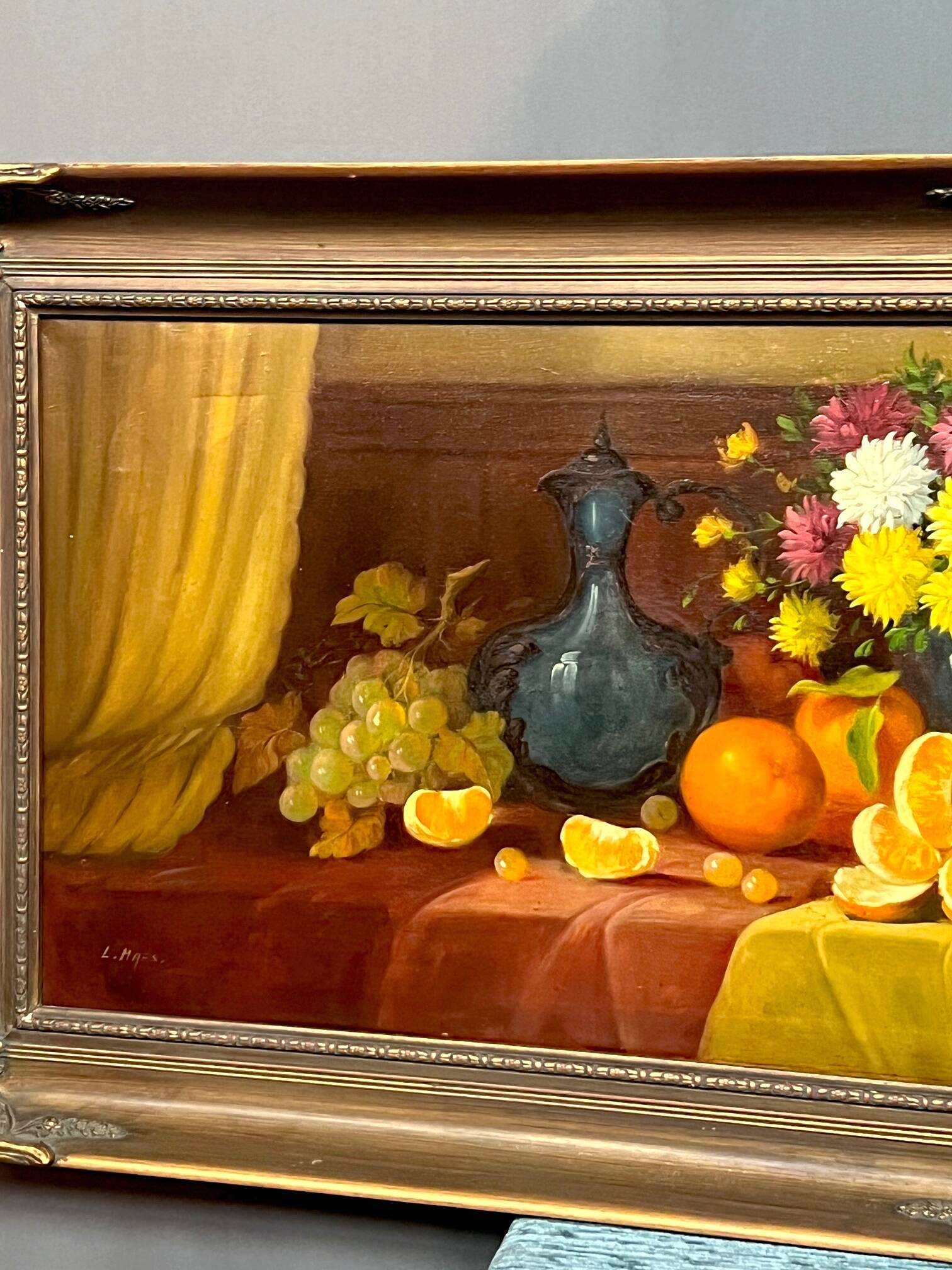 L.Maes. Still life with flowers and fruits. Large format.