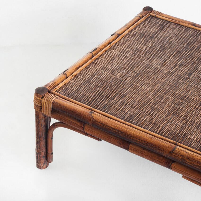 Vintage rattan and cane coffee table. France, 1970s