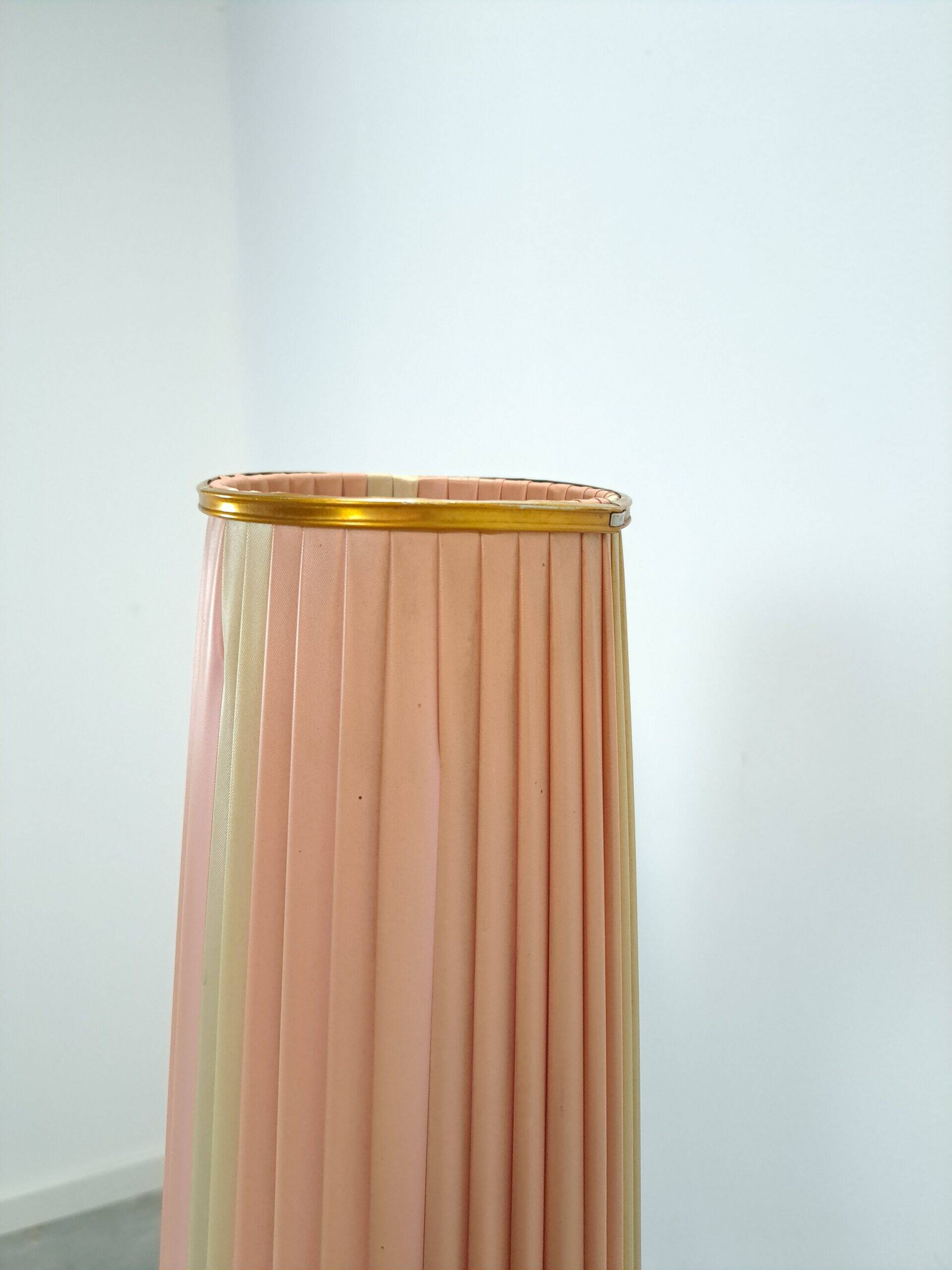 1950s floor lamp with pink and green shade and gold-coloured legs