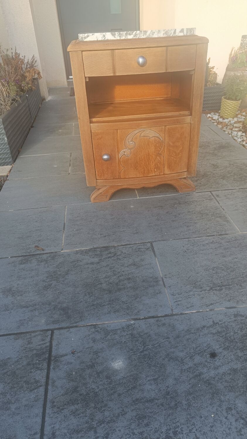 Solid oak bedside table with marble
