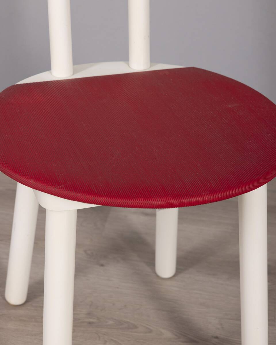 Set of 4 vintage 1980s chairs in wood and red vinyl, italian design