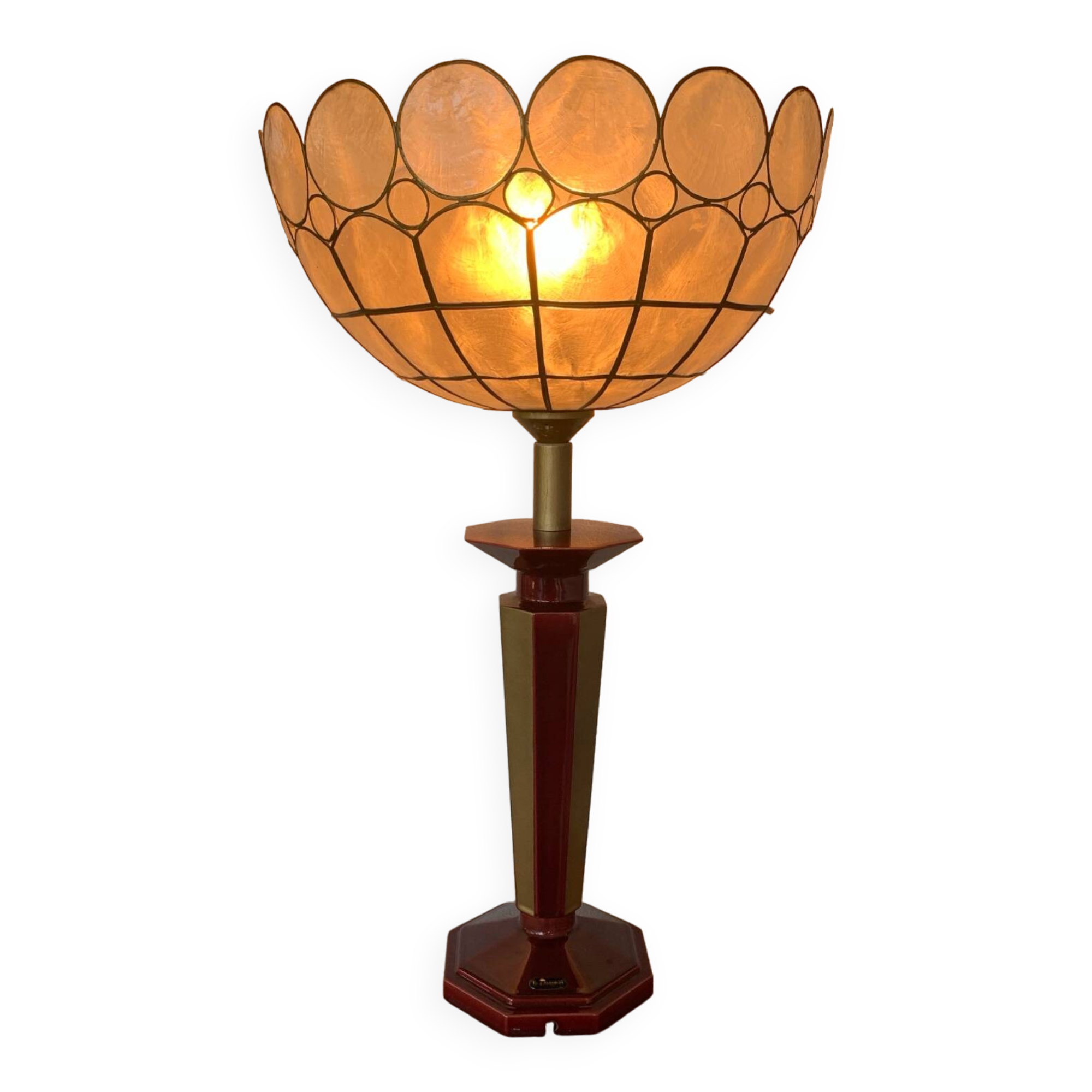 ▪️Vintage Lamp Le Dauphin Ceramic Bordeaux and Gold and Mother-of-pearl Lampshade Art Deco