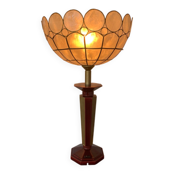 ▪️Lampe Vintage Le Dauphin Céramique Bordeau Et Or Et Abat Jour Nacre Art Deco