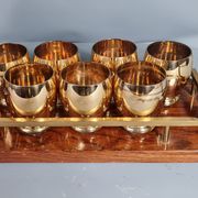 Alcohol service: bottle - 7 golden puffed glasses, vintage mahogany tray 50s sb