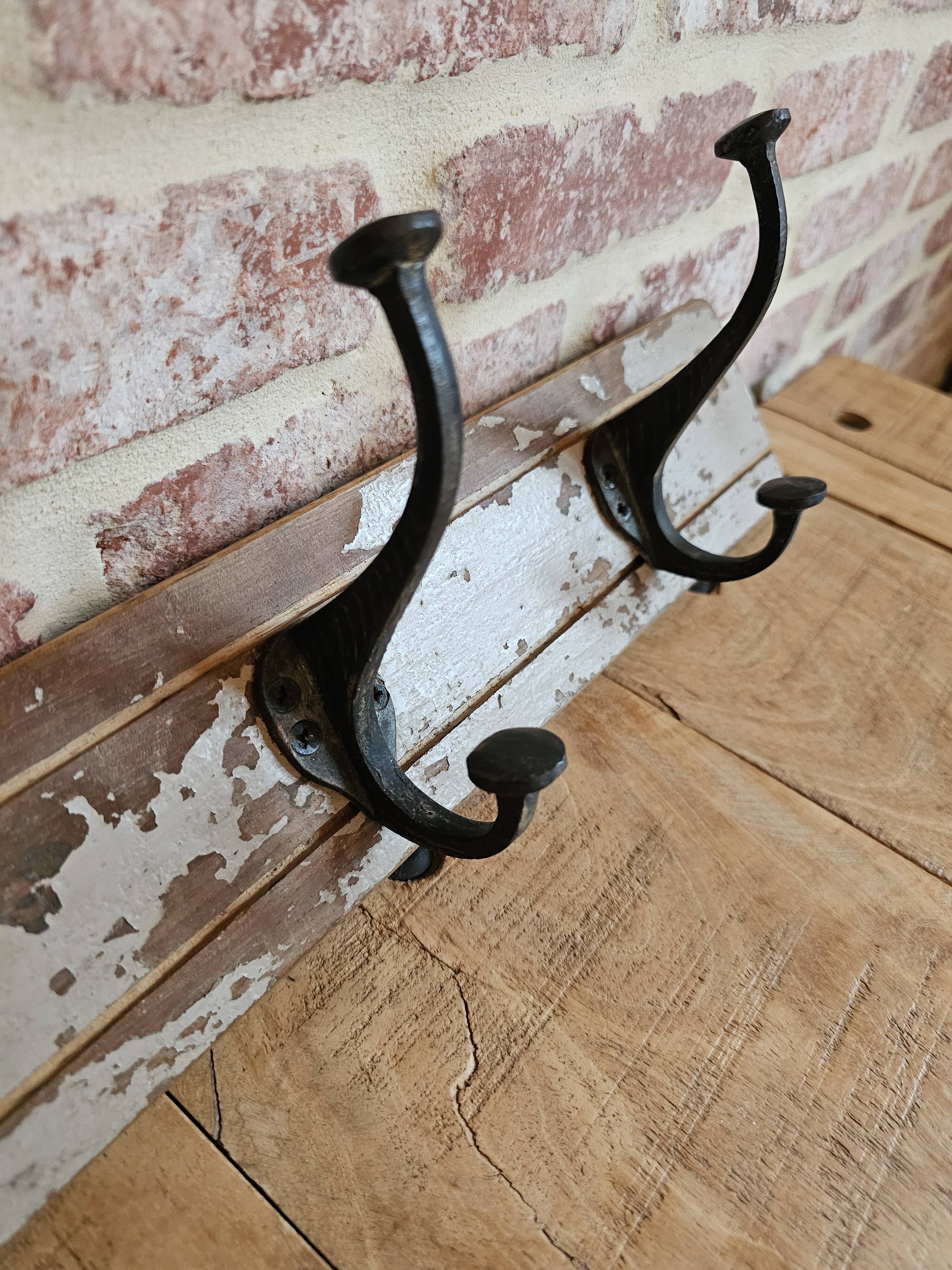Solid teak coat hook with 4 double cast iron hooks