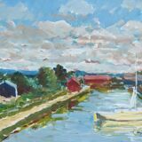 Vintage Mid Century Swedish Framed Oil  Painting - The Canal