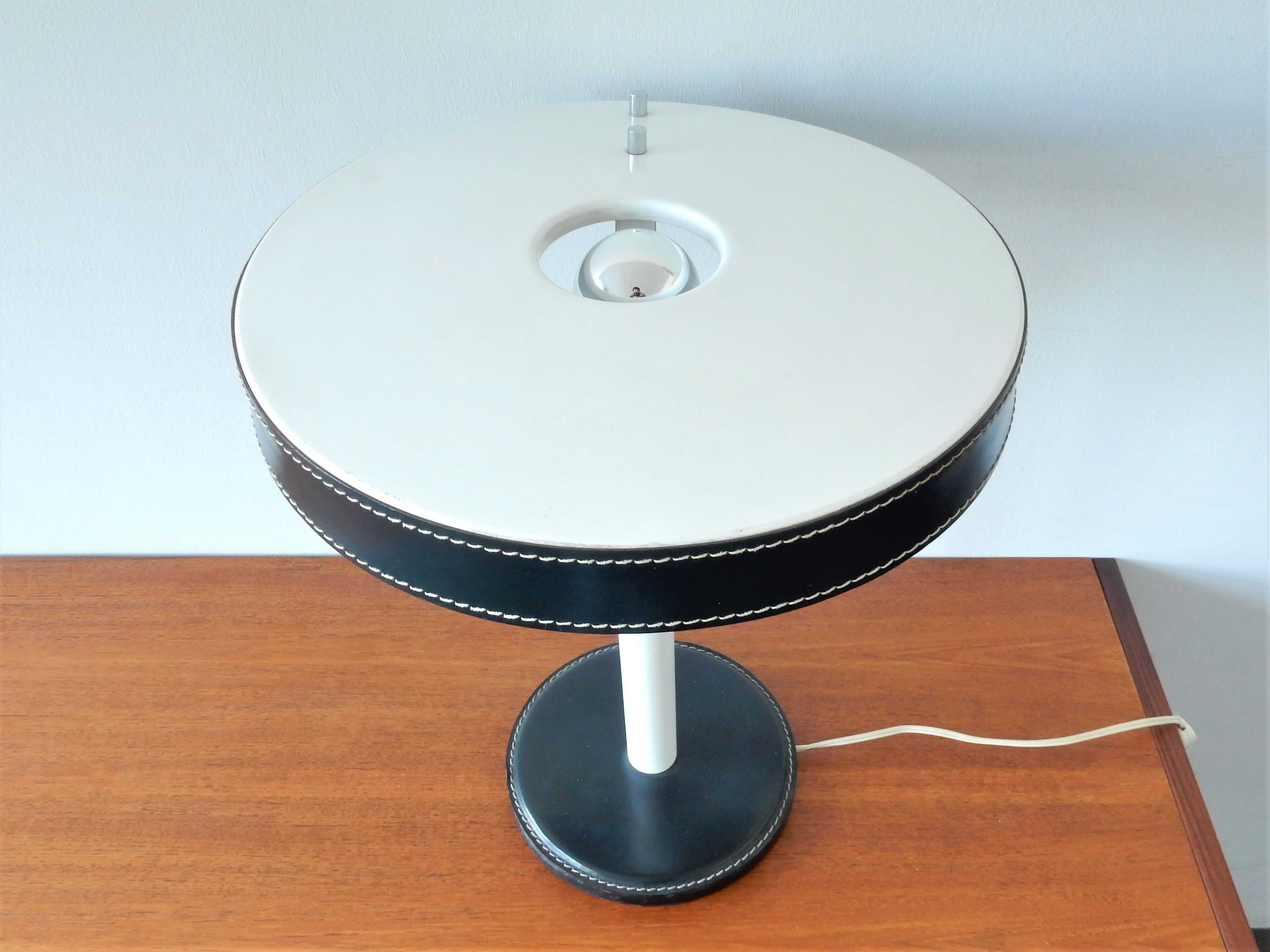 Vintage green leather and white metal table lamp