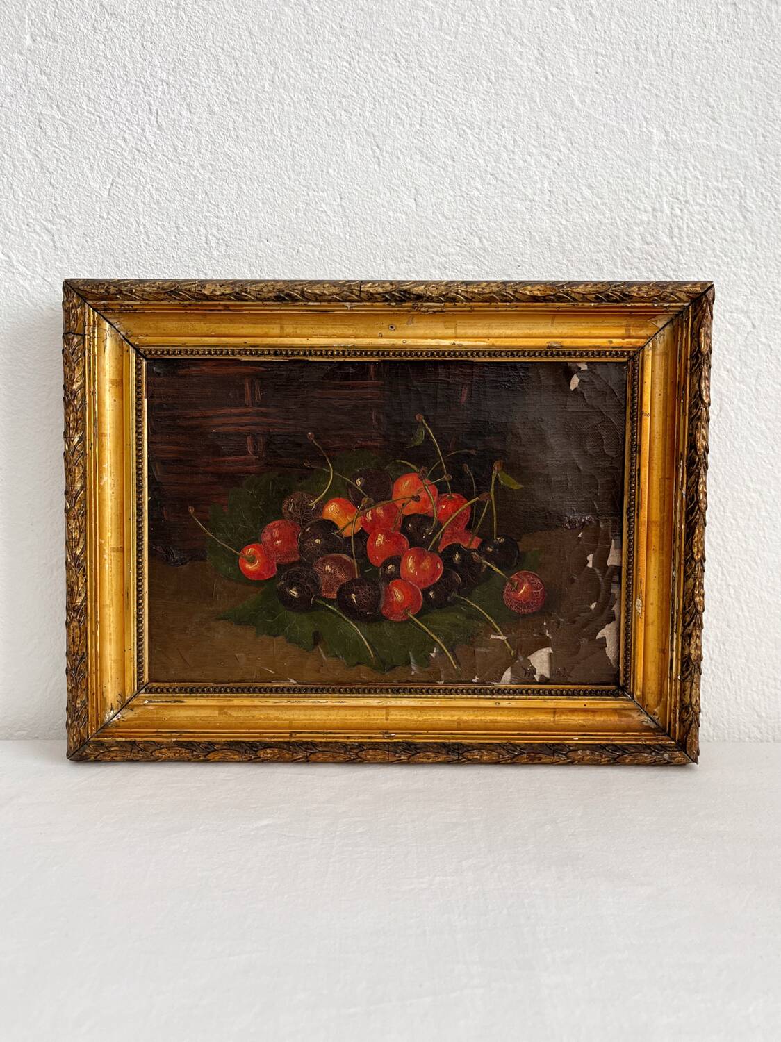 Huile sur toile nature morte aux cerises 19eme