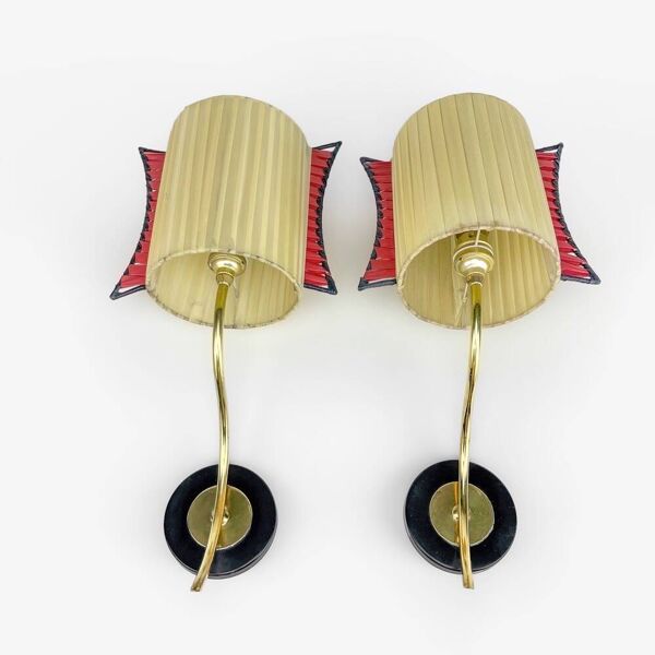 Paire d'appliques murales abat jour soie crème et tige laiton années 50