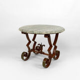 Art Deco round pedestal table in marble and wrought iron, circa 1940