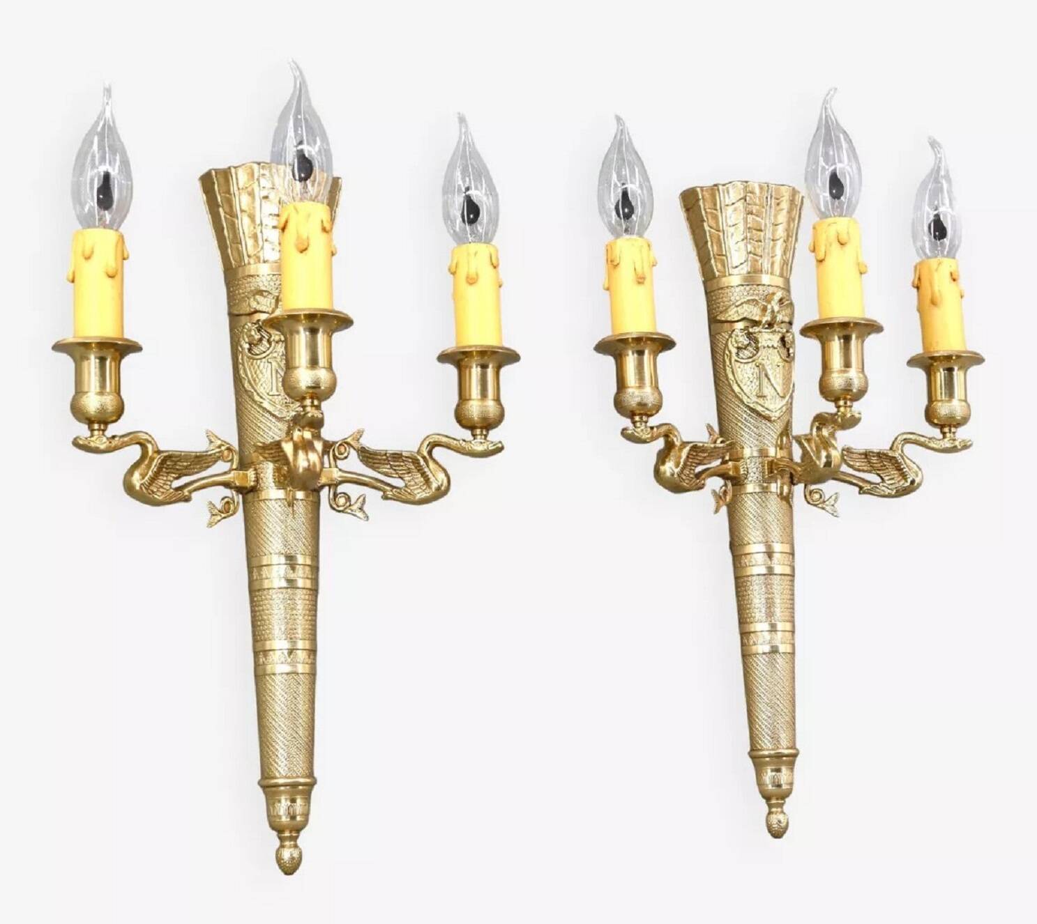 Large pair of Napoleonic gilt bronze empire style wall lights with three candles