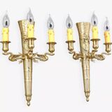 Large pair of Napoleonic gilt bronze empire style wall lights with three candles