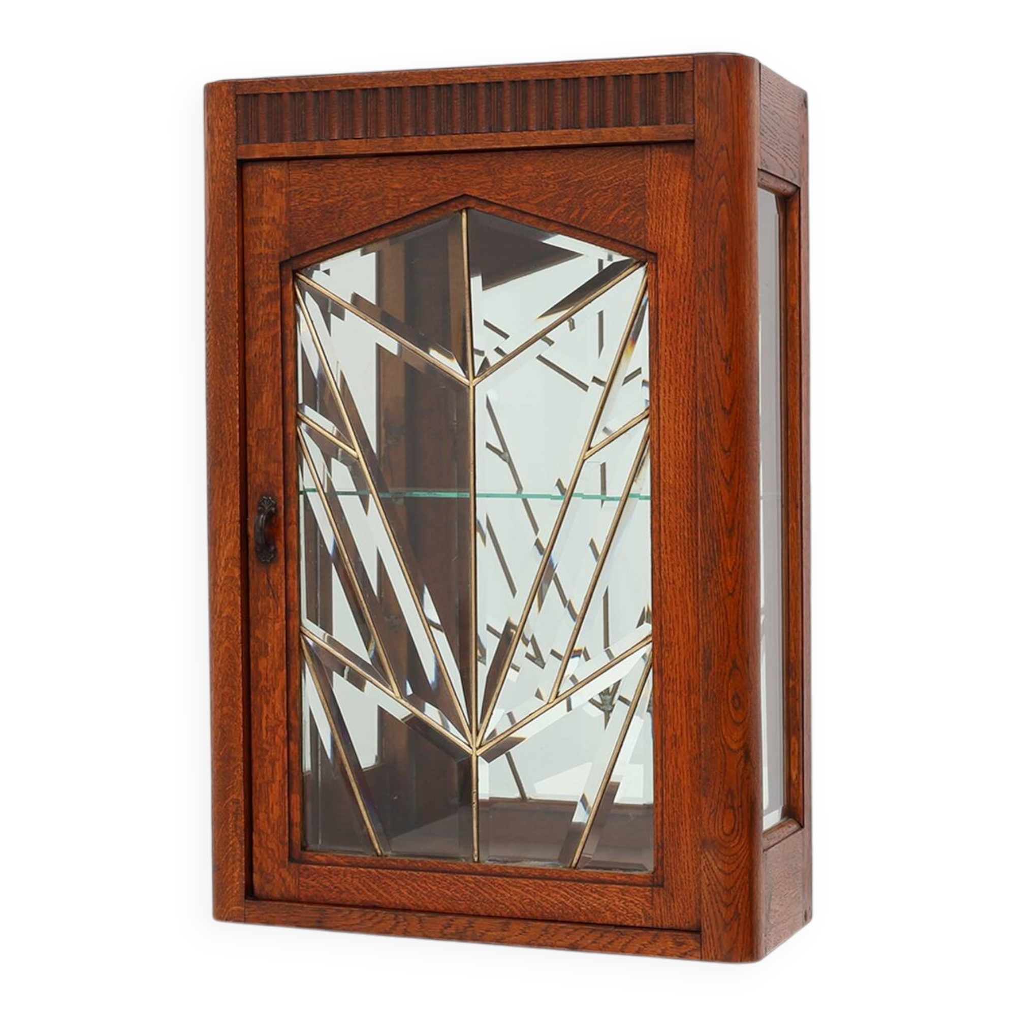 French Art Deco Oak Cabinet with Beveled Leaded Glass, ca. 1920