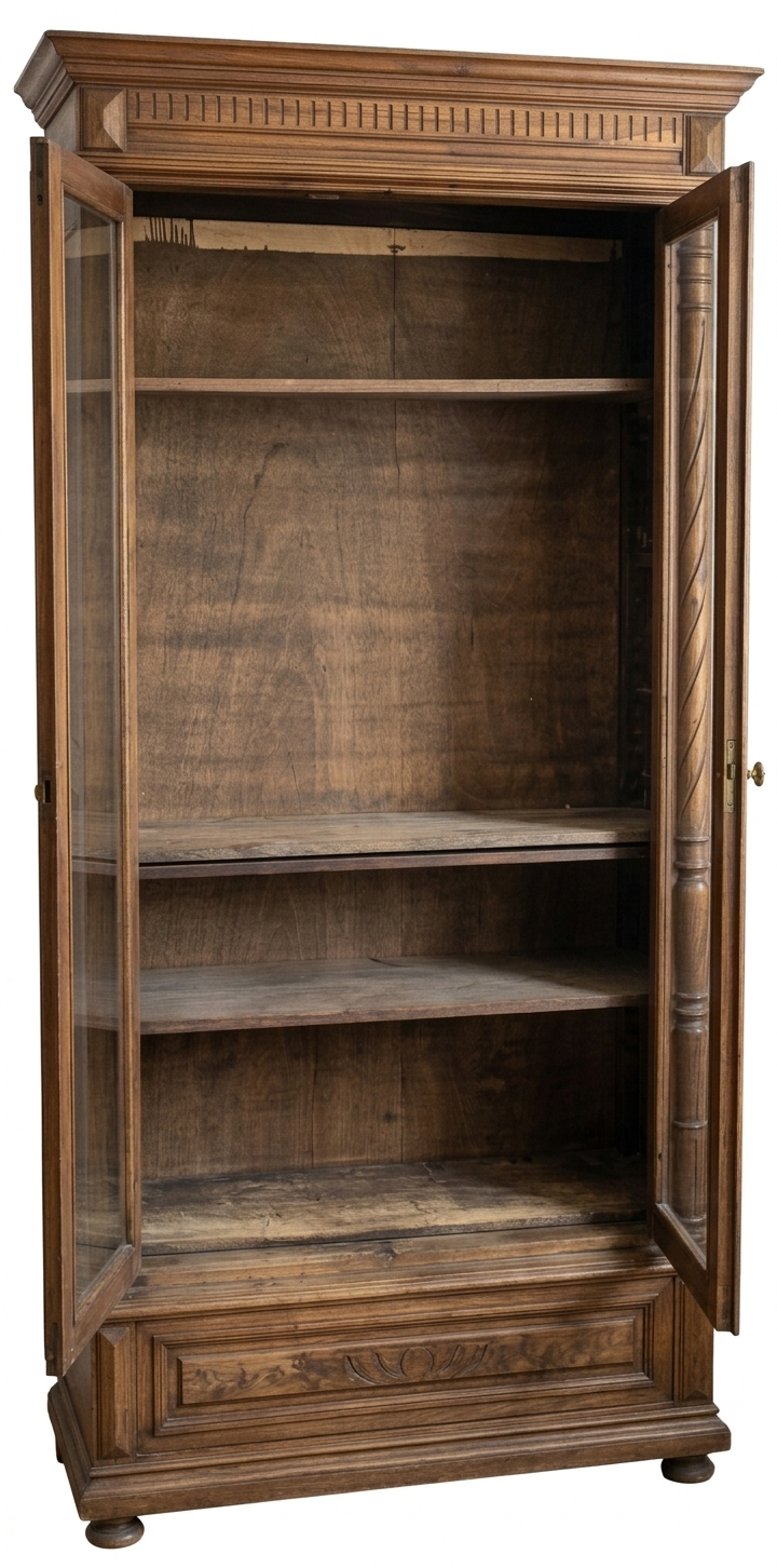 Vintage antique wooden wardrobe with glass doors