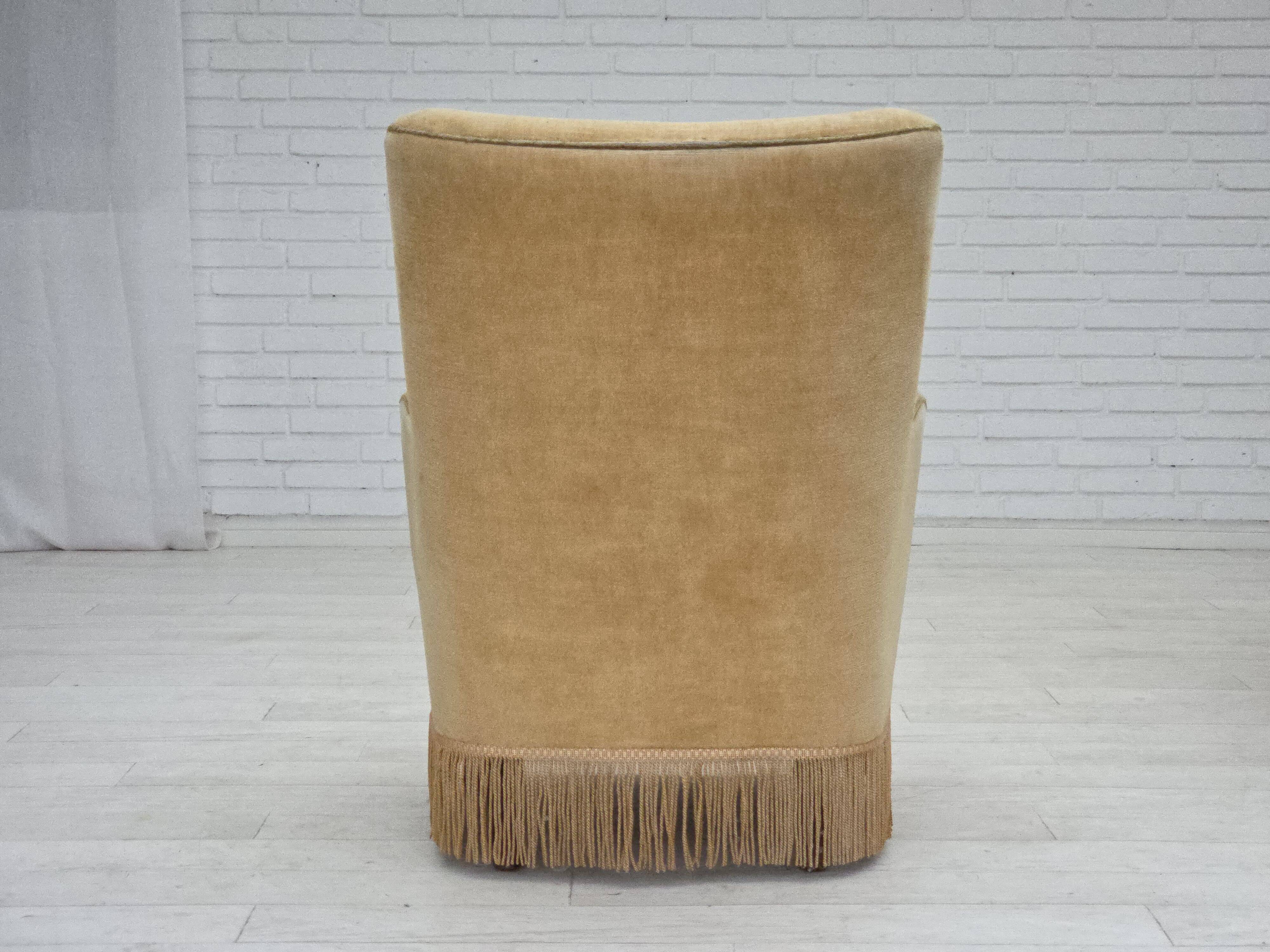 1970s, Danish armchair., original light green furniture velour.