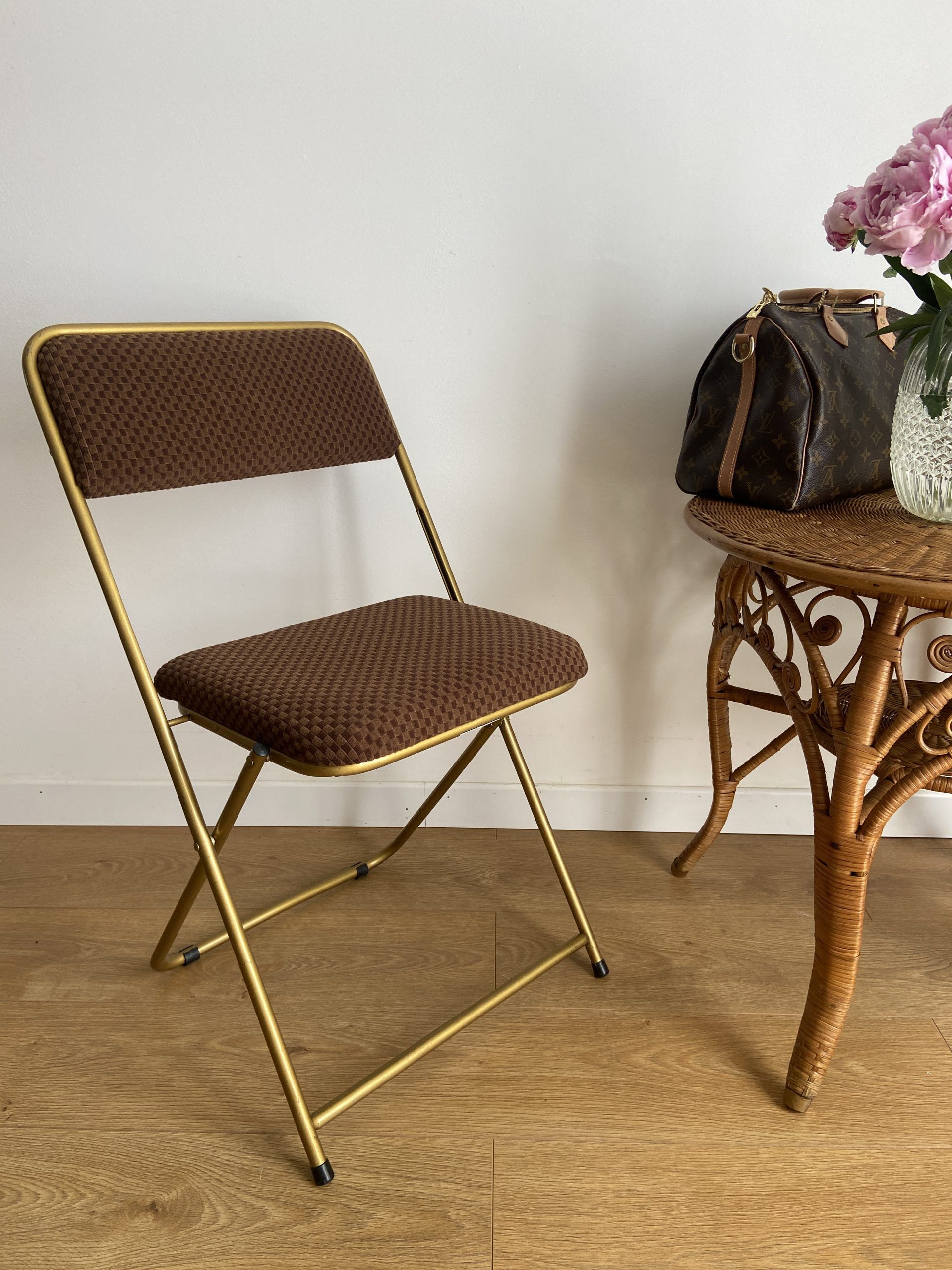 Vintage folding chair lafuma with brown checkered fabric
