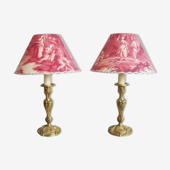Pair of antique bronze lamps with handmade lampshades in vintage toile de Jouy