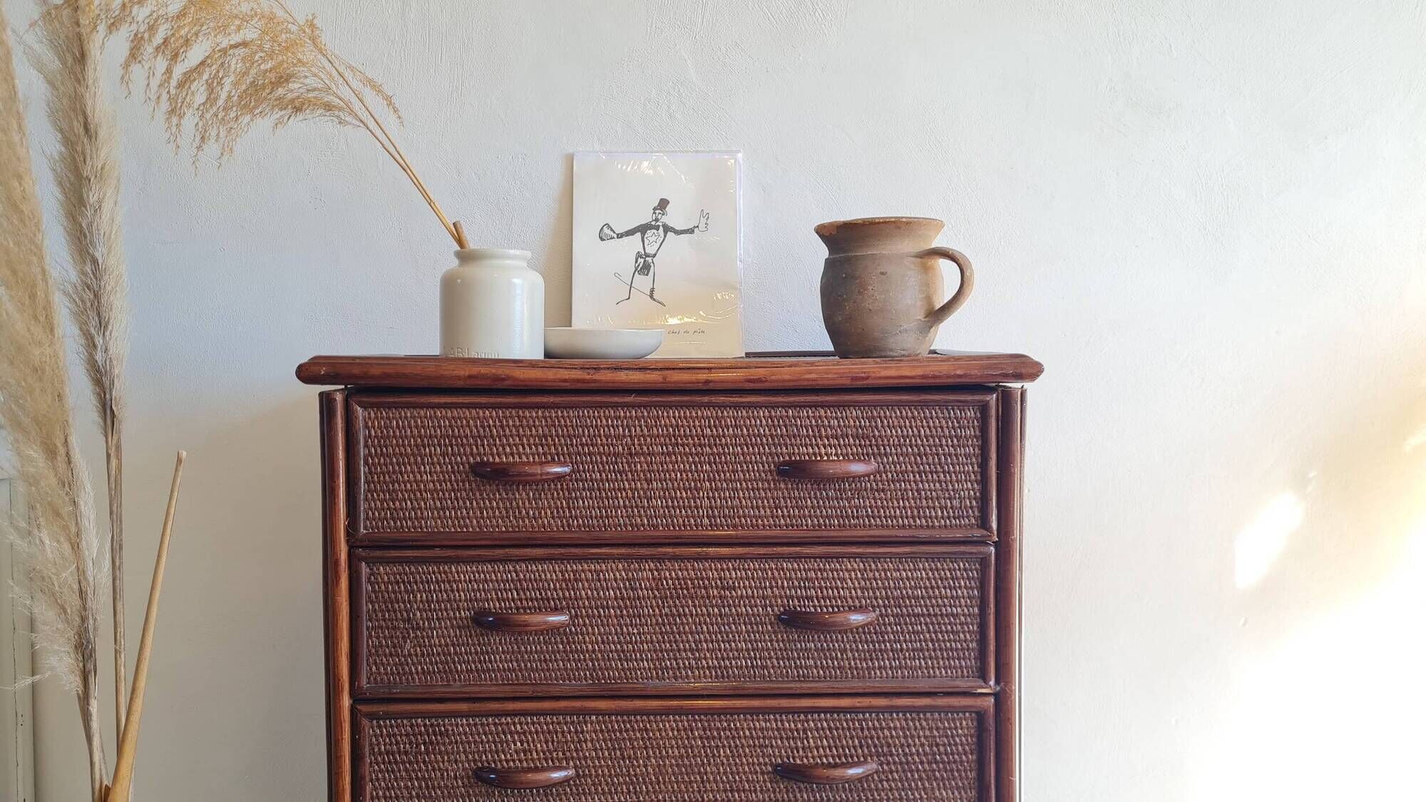 Commode en rotin vintage circa années 70