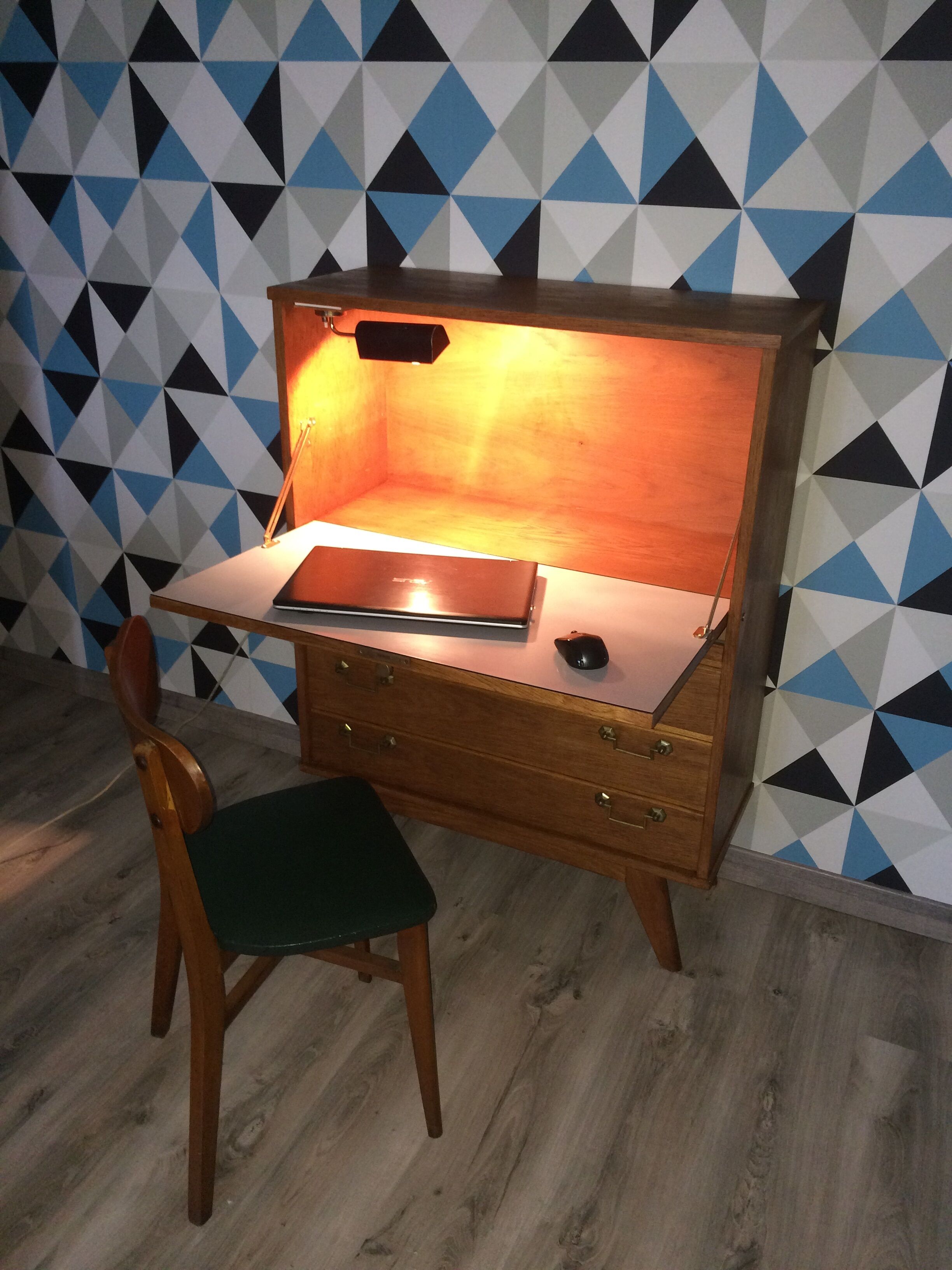Secrétaire bureau vintage  4 pieds compas années 50