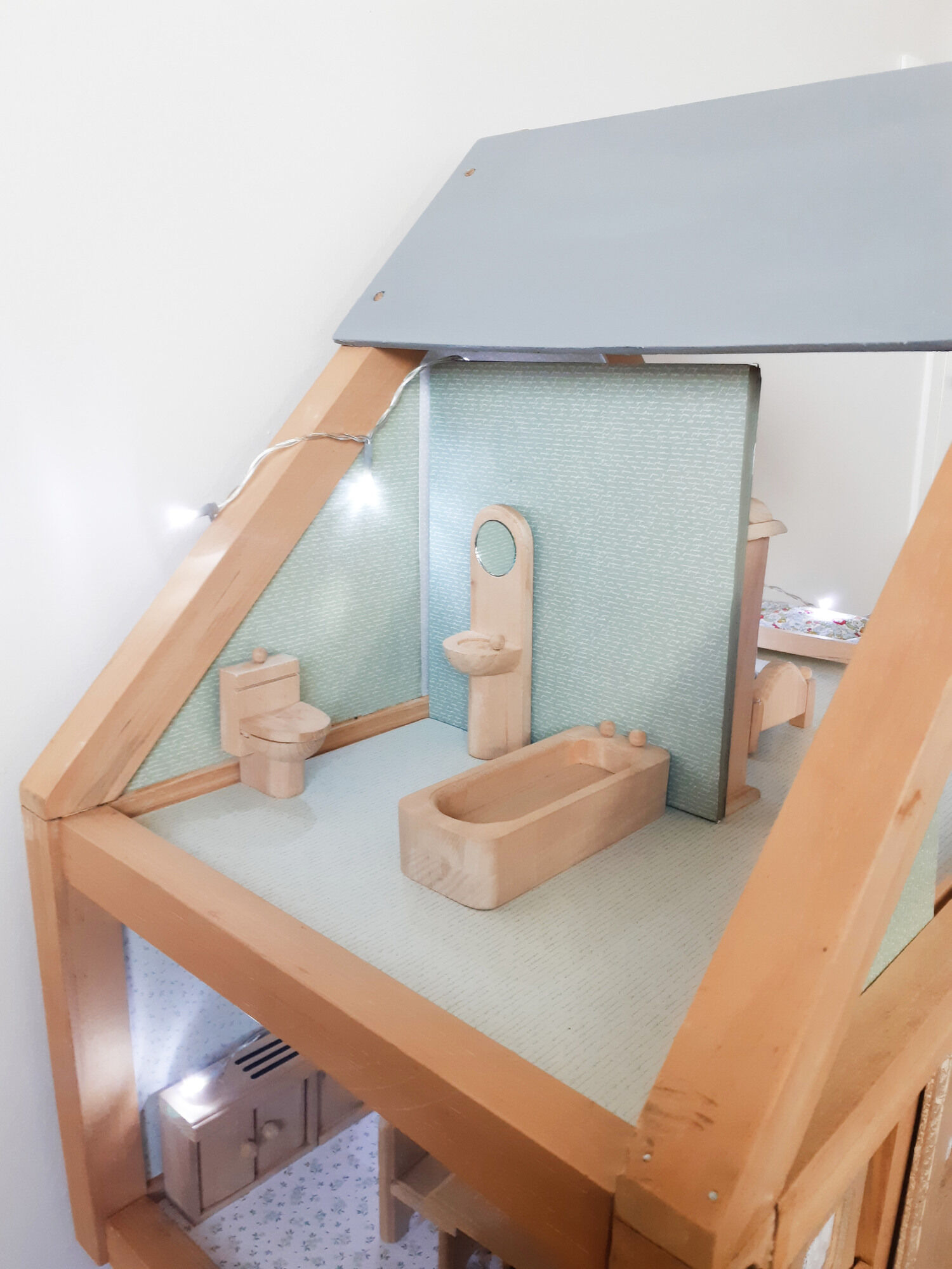 Wooden dollhouse, revamped, furnished, vintage French