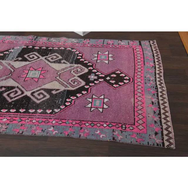 1970s Turkish Hand-Knotted Wool Cotton Purple Runner Rug 102x373