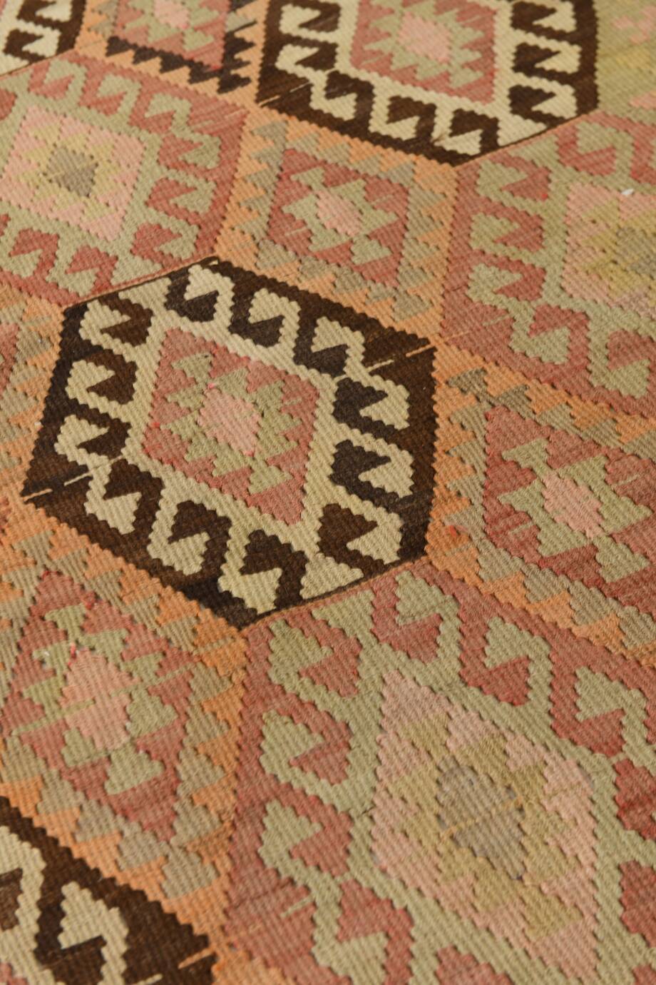 Turkish Vintage Kilim Rug: Shades Of Red Brown Handmade Wool Rug 160x417Cm