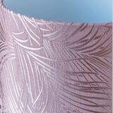 Royal Delft blue-green ceramic table lamp with pink jacquard peacock shade.