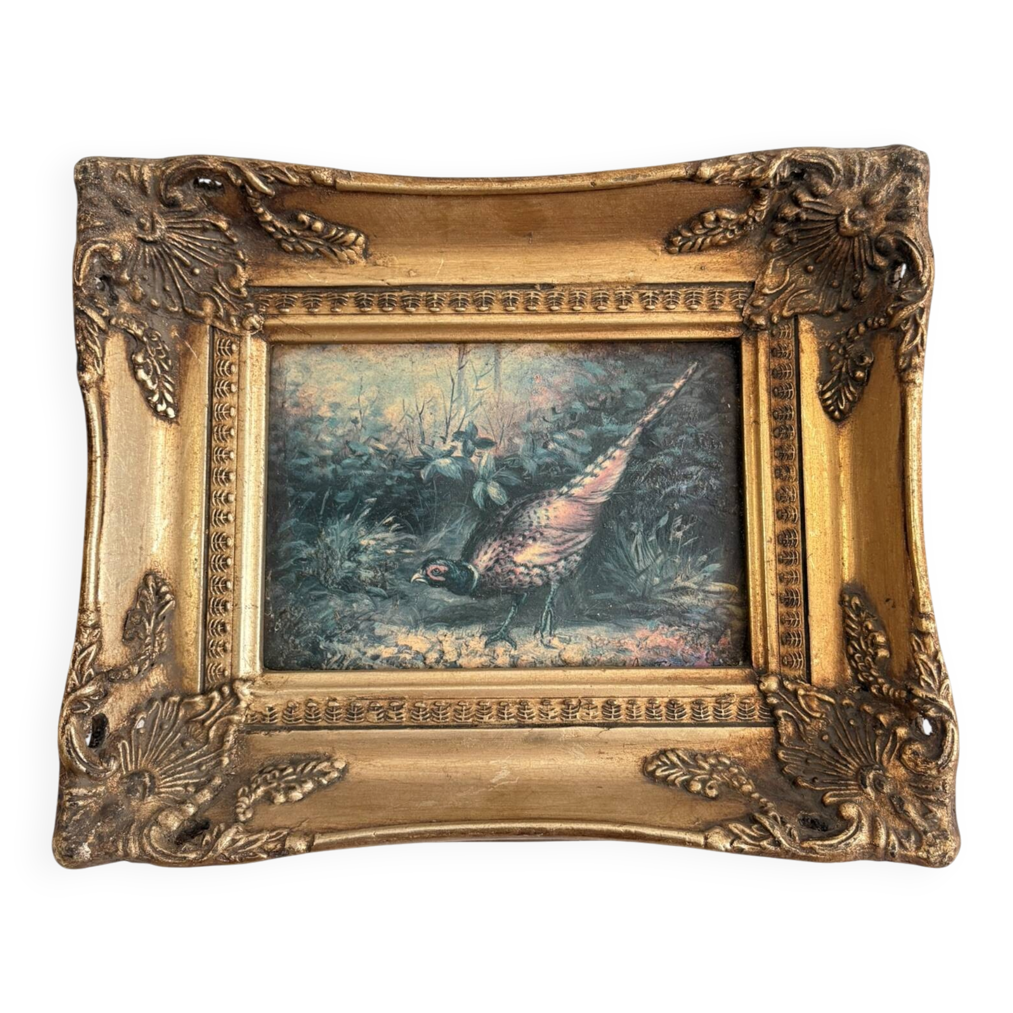 Ancient Impressionist Painting Hunting Pheasant English Rococo Frame
