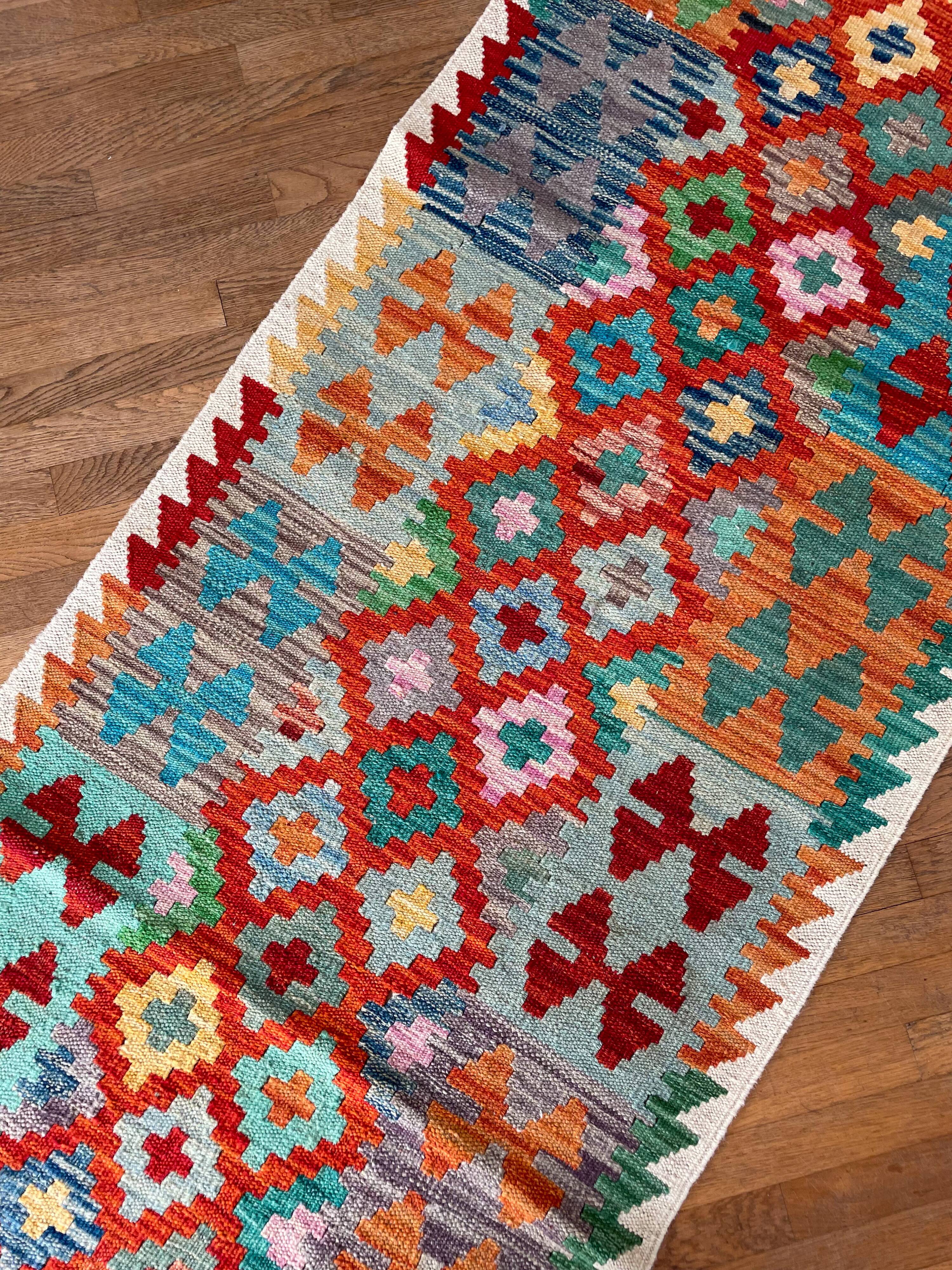 Afghan hallway kilim carpet colored red orange multicolor