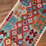 Afghan hallway kilim carpet colored red orange multicolor