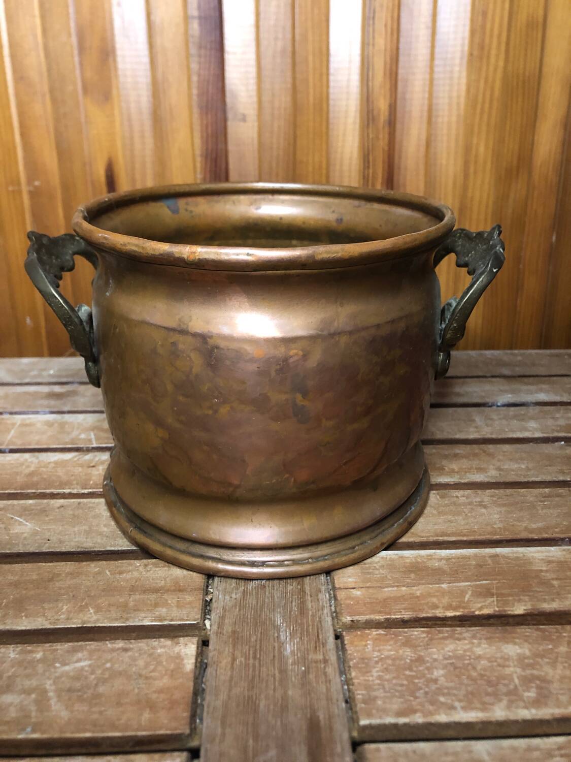 Old copper pot + vintage brass handles #a531
