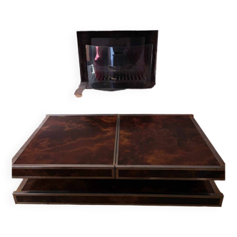 Coffee table with sliding top in lacquered wood and brass - 1970s