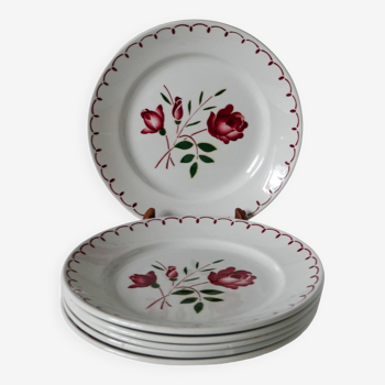 Lot de 6 assiettes plates Badonviller à fleurs roses 1950