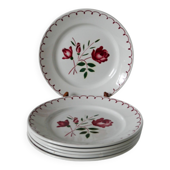 Lot de 6 assiettes plates Badonviller à fleurs roses 1950