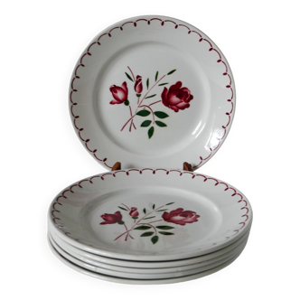 Set of 6 Badonviller flat plates with pink flowers 1950