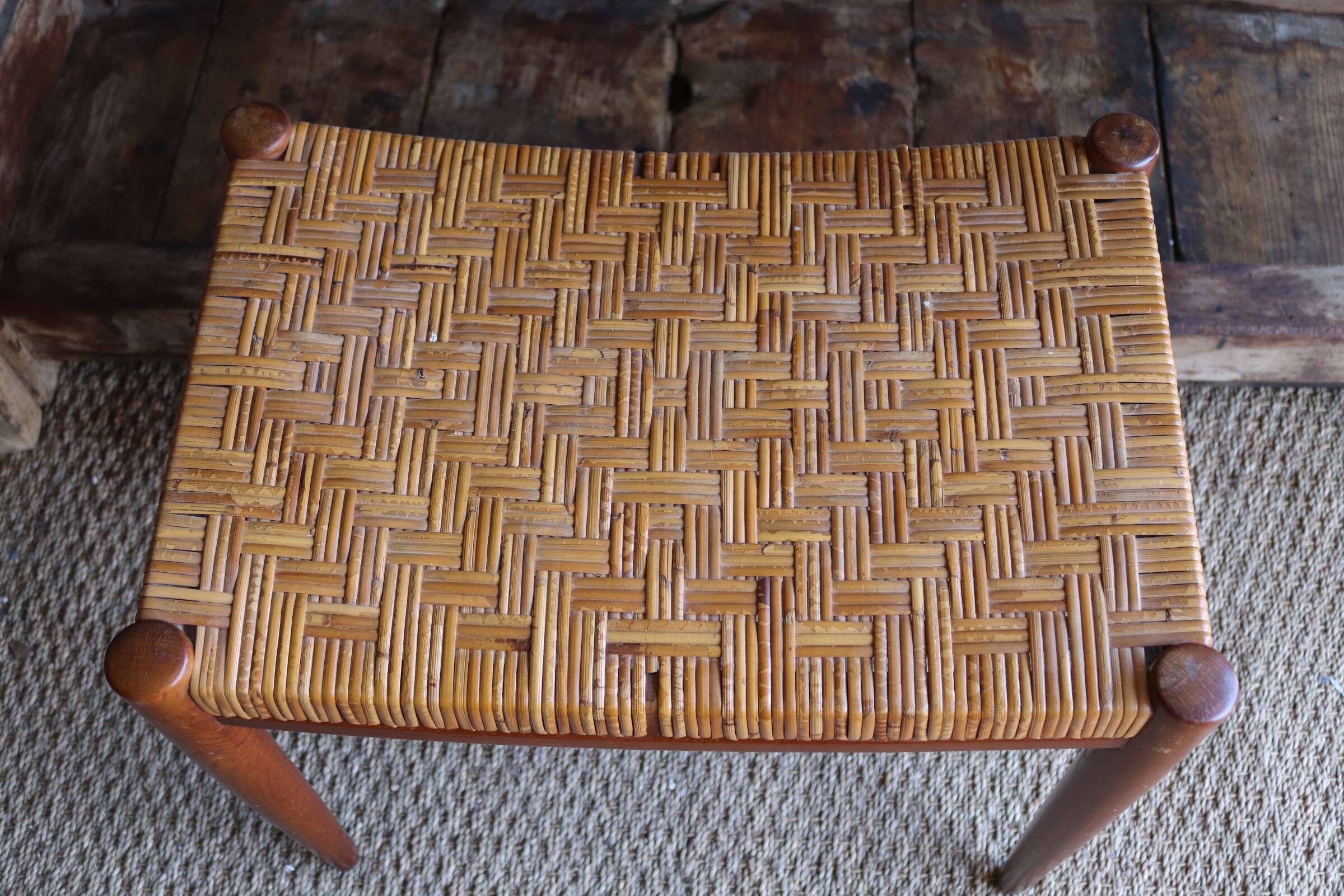 60s stool in teak and braided rush