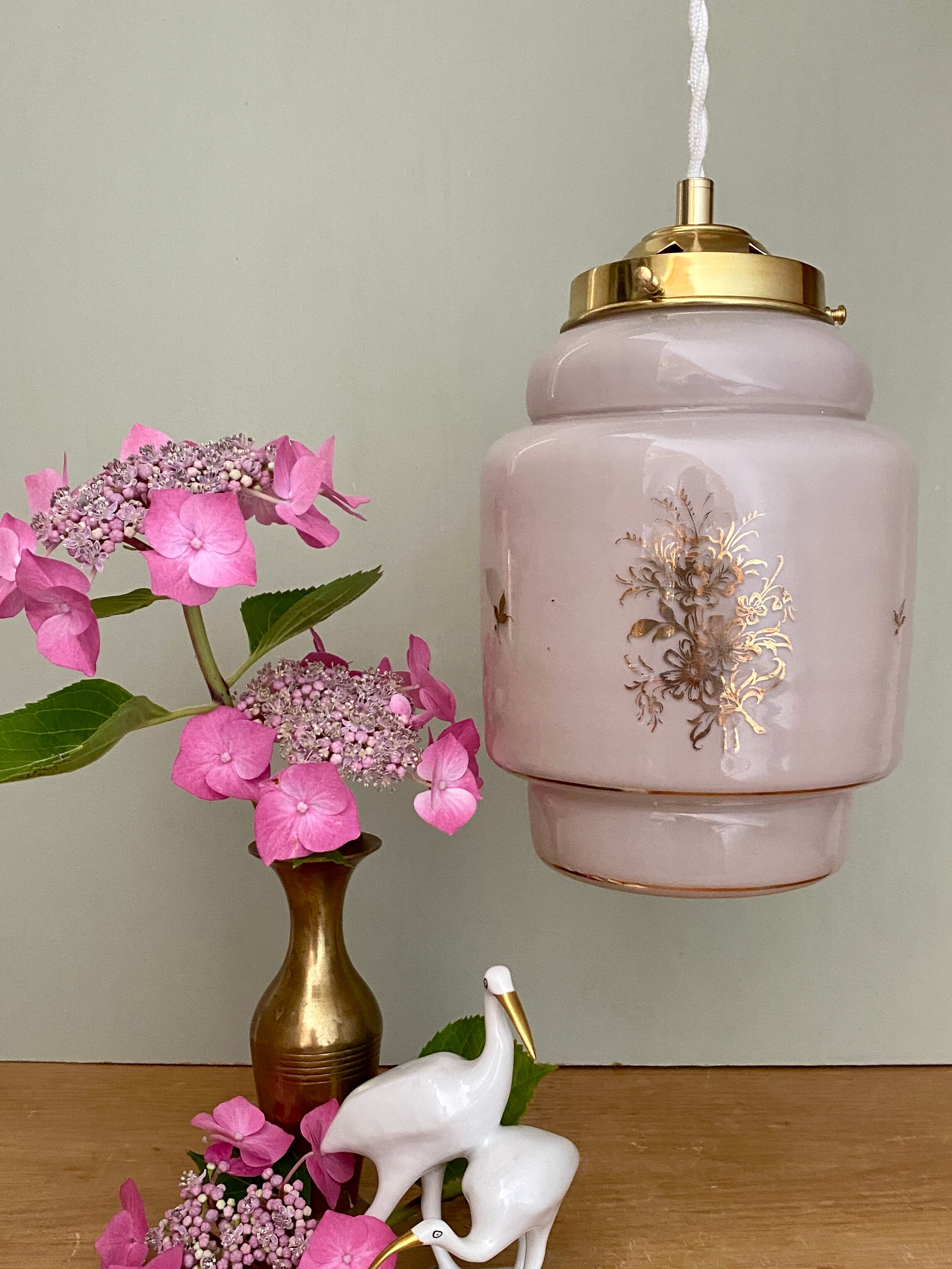 Vintage pink opaline globe pendant lamp with gold designs
