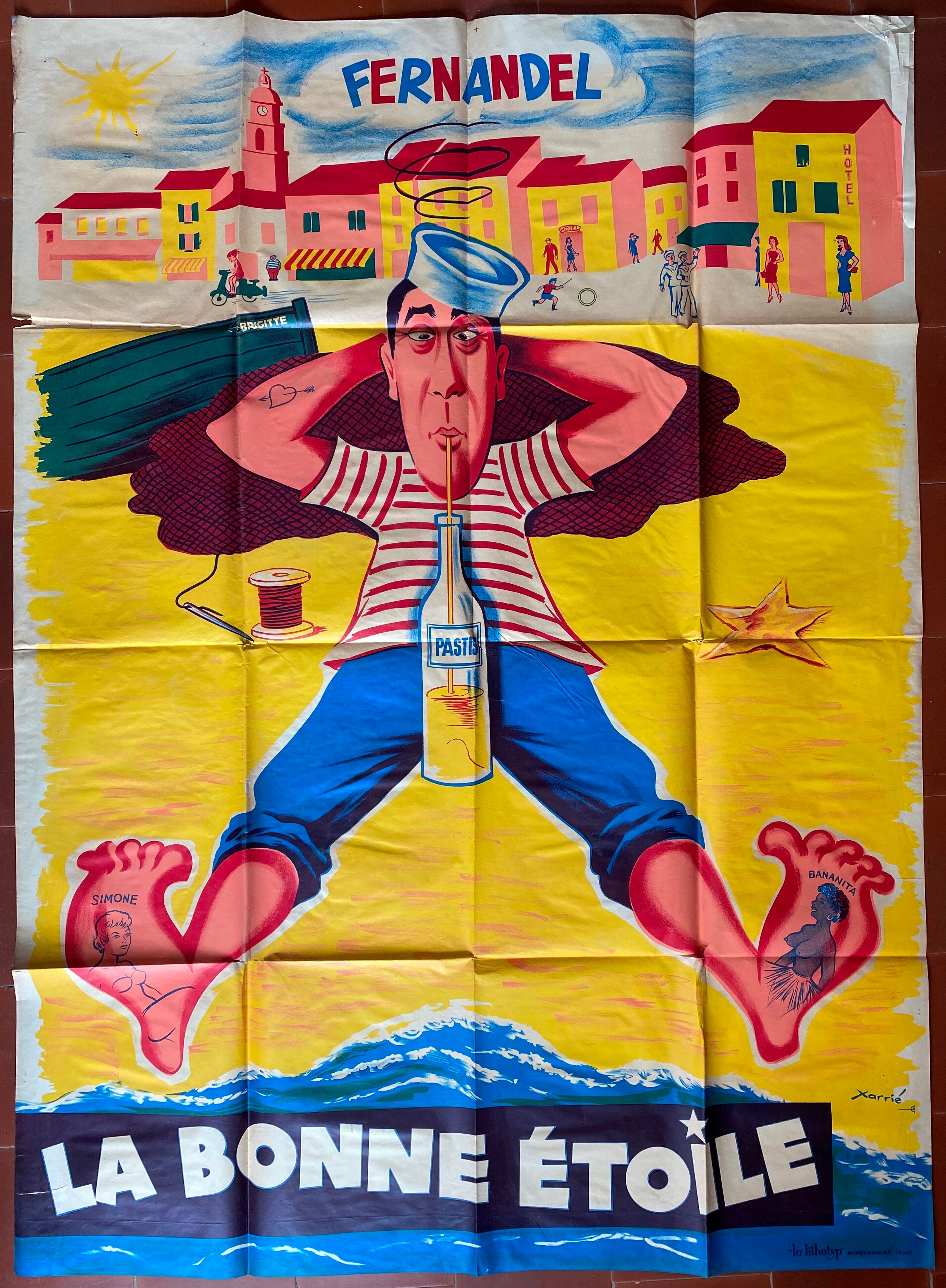 Cinema poster "La Bonne étoile" Fernandel, Marseille, Pastis 120x160cm 1960