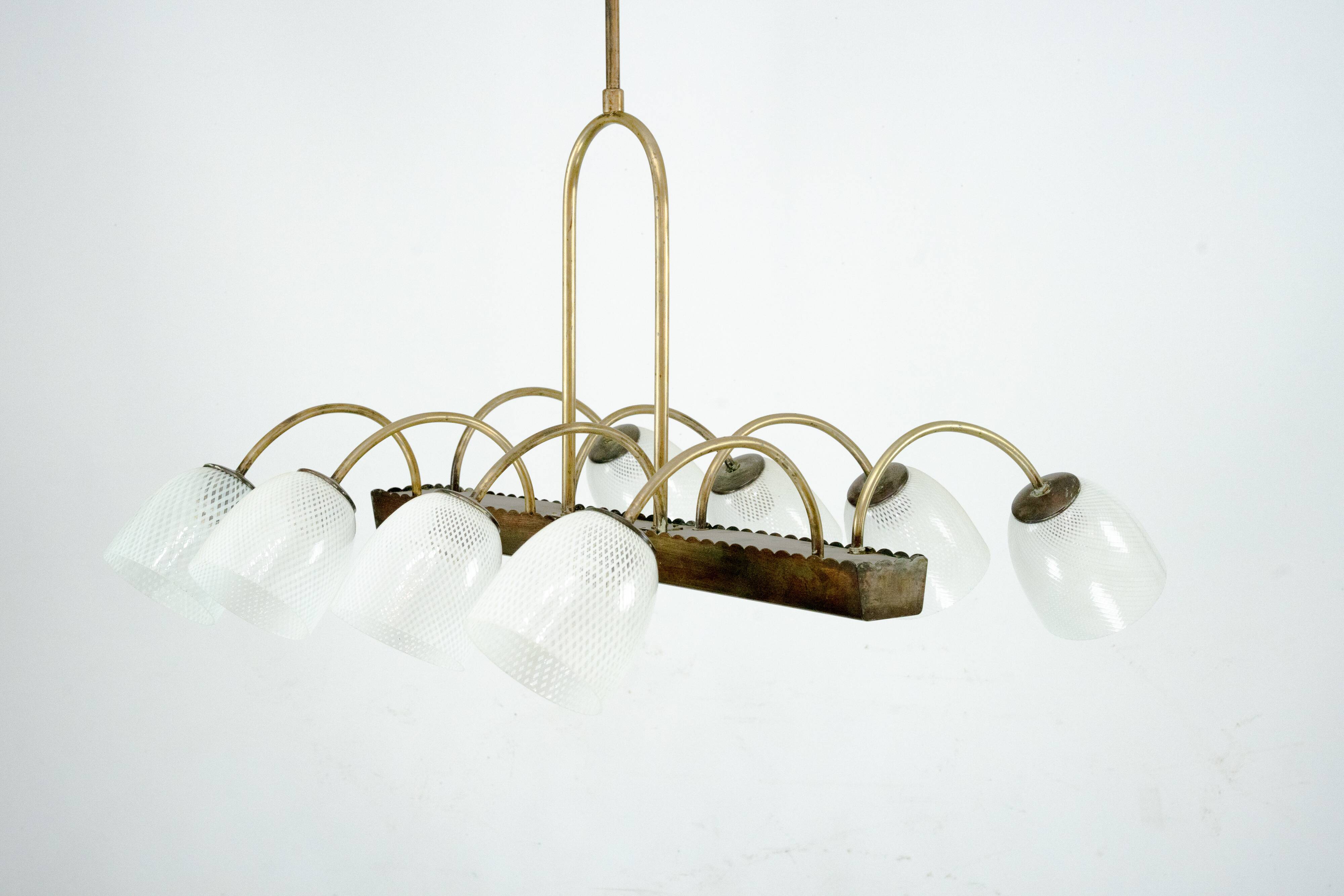 Mid-Century Venini Reticello Glass Chandelier, 8 Arms, Murano, Italy 1940s