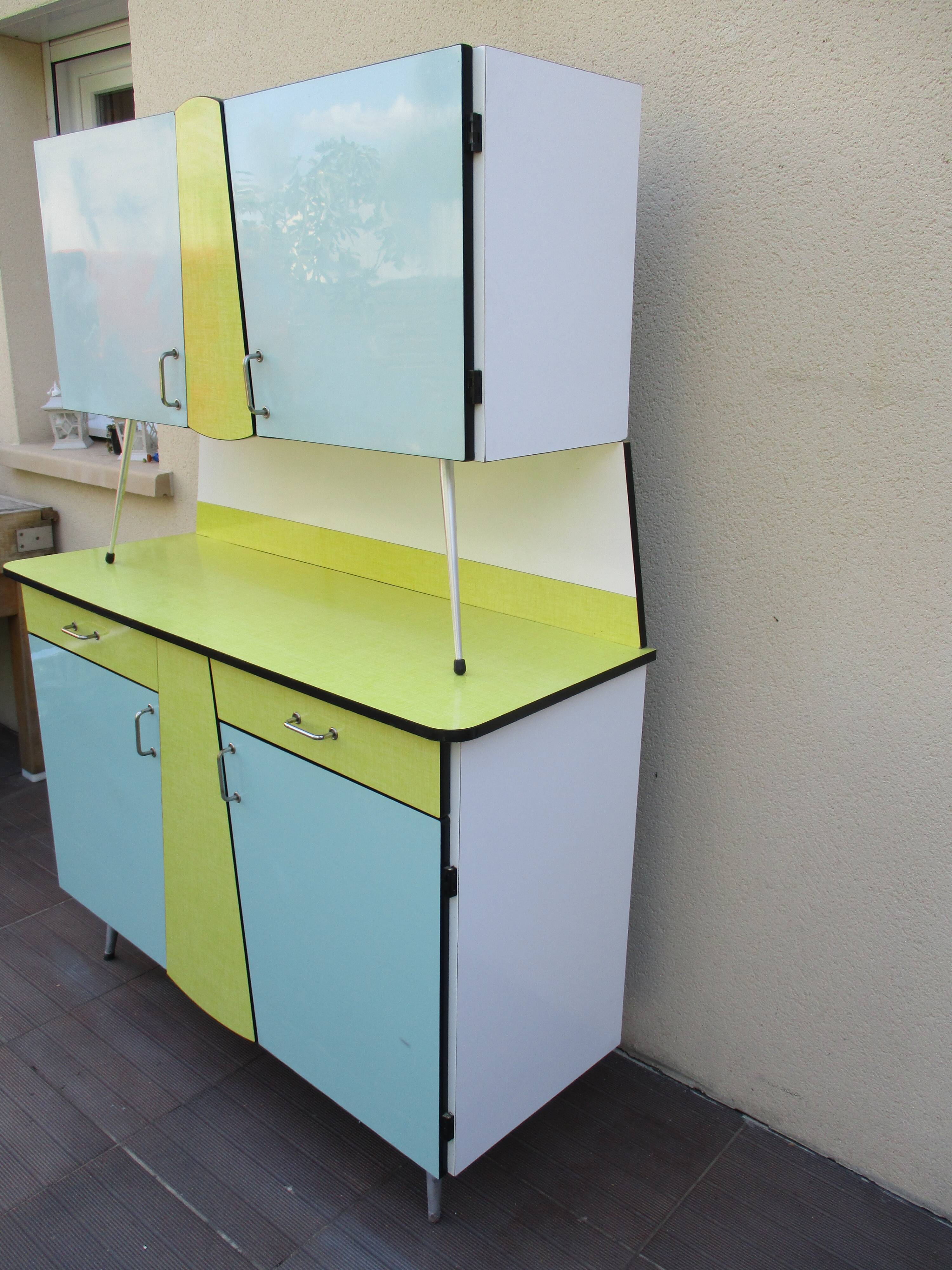 Yellow and blue vintage formica kitchen buffet