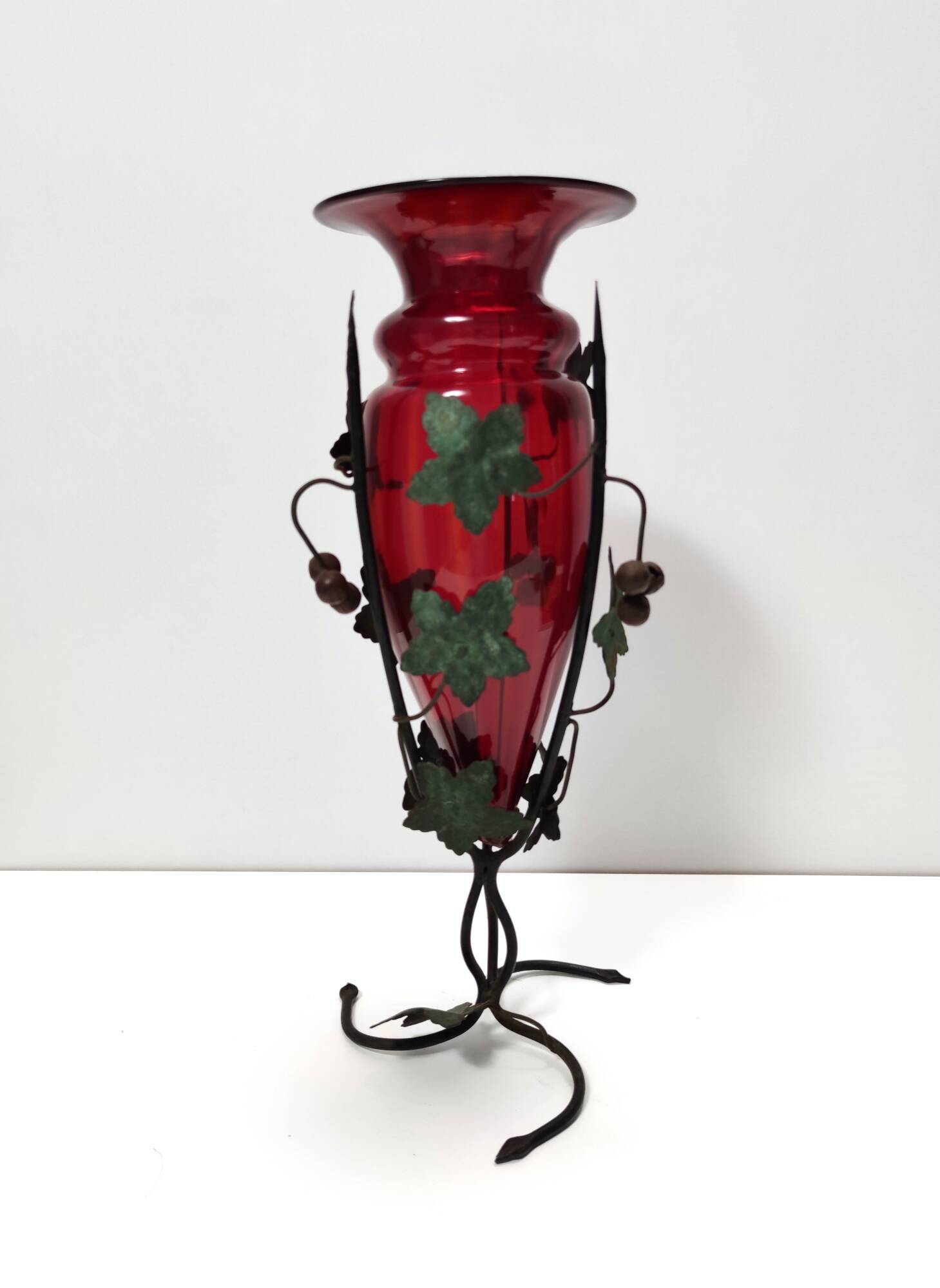 Ruby Red Murano Glass Vase with Iron Grape Vines Ascribable to Umberto Bell