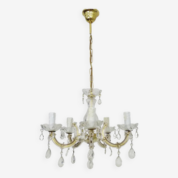 Old chandelier, suspension, Marie Thérèse light fixture with 5 lights with glass pendants. 90s