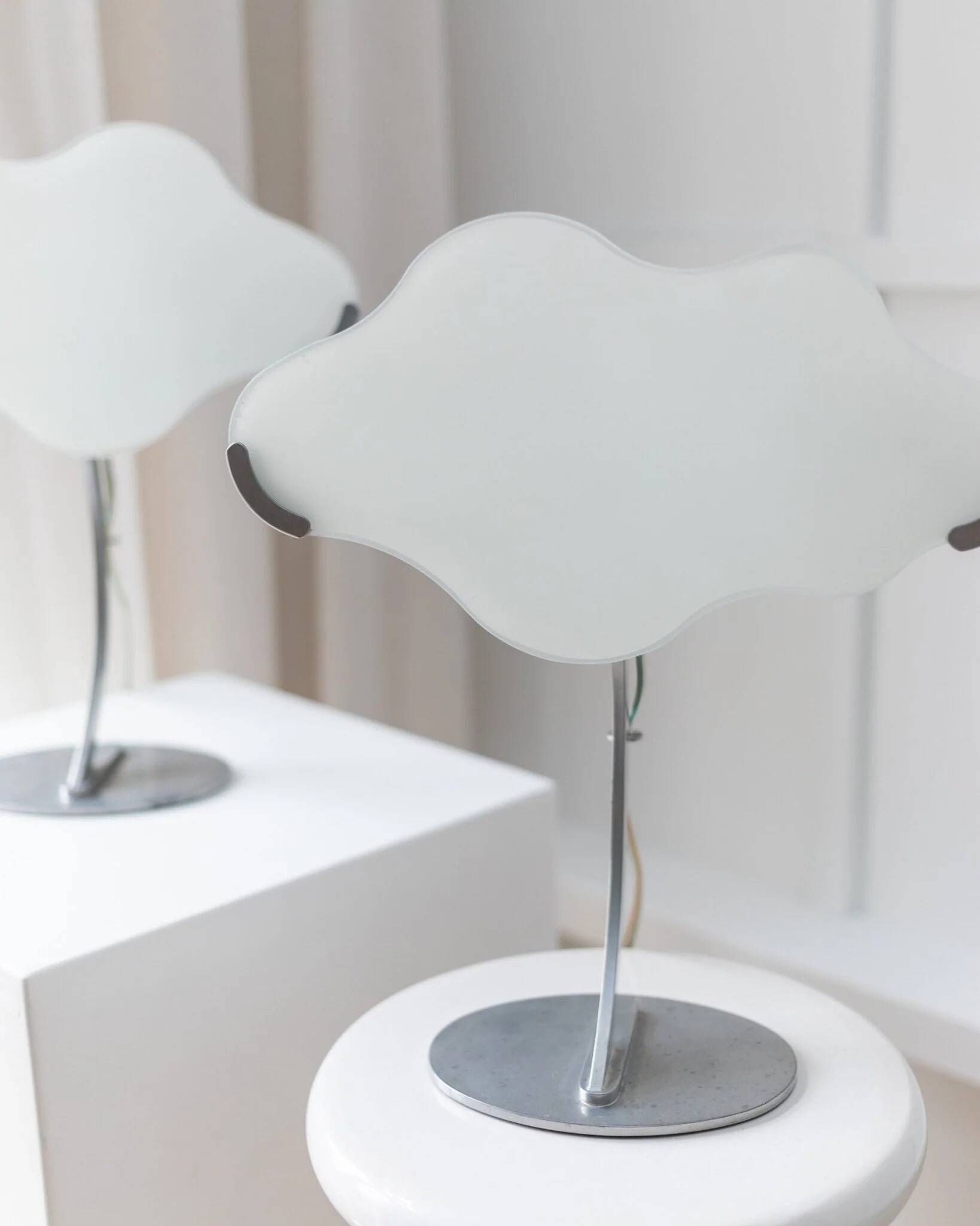 Pair of White Murano Glass Cloud Table Lamps with Chrome Stems, Italy 1980s