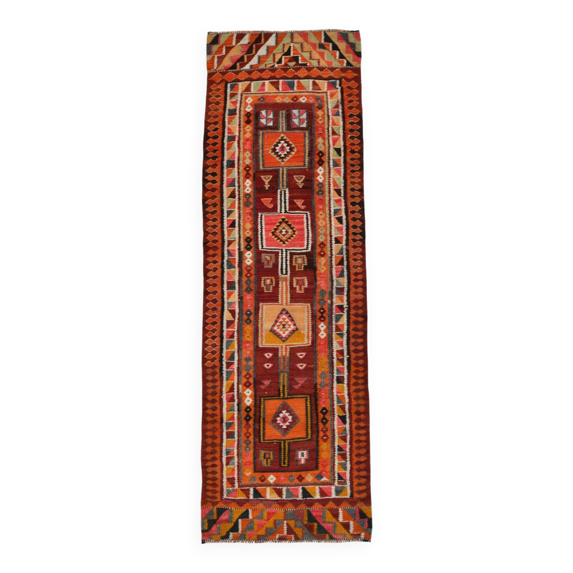 3x10 Burgundy & Orange Vintage Kilim Runner Rug, 104x317Cm