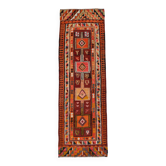 Tapis Kilim vintage bordeaux et orange 3x10, 104x317 cm