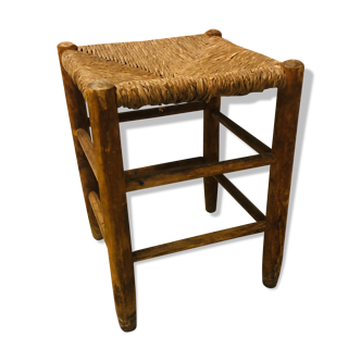 Tabouret bas ancien paillé