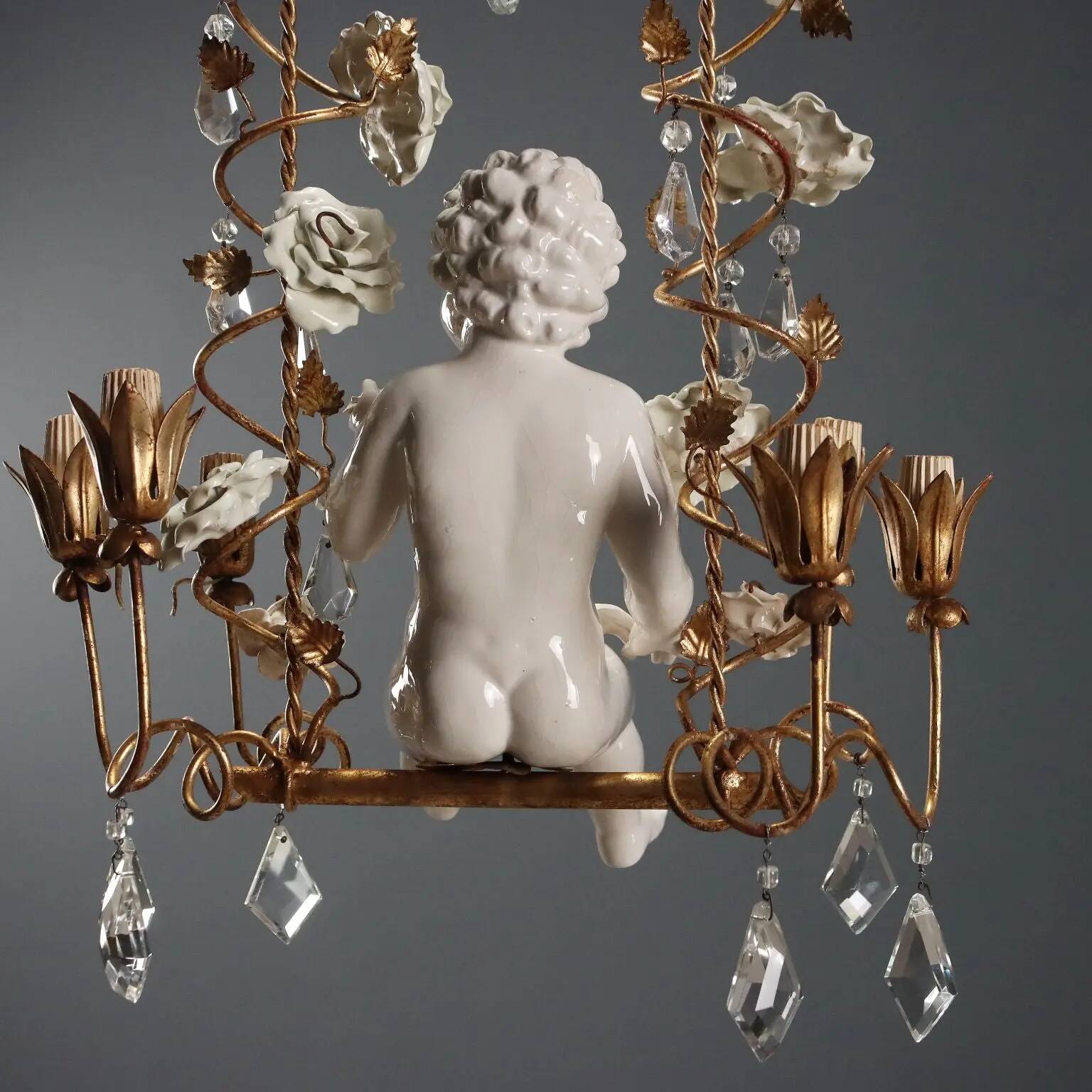 Antique chandelier in iron, gilded sheet metal and ceramic, Italy, 20th century