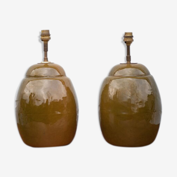 pair of enamelled terracotta lamp, handmade lamp, vintage RM signed lamp, living room lamp