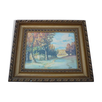 Tableau gouache aquarelle paysage signé Prin 1929