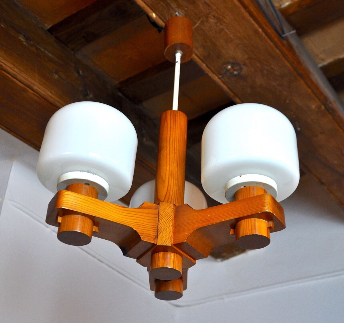 Nordic chandelier in Wood and Opaline, Denmark, 1970
